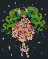 Rule 34 | 1girl, :d, bare shoulders, boots, closed eyes, detached collar, detached sleeves, dress, facing viewer, falulu, falulu (awakened), floral print, forehead jewel, frilled dress, frills, full body, green hair, hands on own chest, hands up, headphones, idol clothes, long hair, open mouth, parted bangs, pretty series, pripara, qing (sankakuosushi), sidelocks, smile, solo, sparkle, standing, twintails, very long hair, white footwear, wing hair ornament