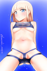 Rule 34 | 1girl, arms behind back, artist name, bad id, bad pixiv id, blonde hair, blue background, blue eyes, blunt bangs, blush, breasts, cleft of venus, closed mouth, collar, covered erect nipples, cowboy shot, eyebrows, frown, gluteal fold, kanzaki muyu, legs apart, long hair, looking at viewer, looking down, meme attire, navel, original, simple background, small breasts, solo, stomach, sweatdrop, underboob