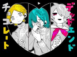 Rule 34 | 1girl, 2boys, bags under eyes, bandaid, bandaid on hand, blonde hair, blue hair, closed mouth, color coordination, column lineup, constricted pupils, covering own mouth, crying, crying with eyes open, dead animal, dead end chocolate (vocaloid), fish, gakuran, gauze on cheek, greyscale, hand over own mouth, heart border, long hair, long sleeves, medium hair, monochrome, multiple boys, neckerchief, nervous sweating, one eye covered, open mouth, own hands clasped, own hands together, parted bangs, pink eyes, pink neckerchief, sad smile, school uniform, serafuku, short hair, smile, song name, spot color, superimposition, sweat, tearing up, tears, translation request, uino (uino oku80), wide-eyed