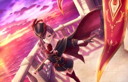 Rule 34 | 1girl, balcony, belt, blue eyes, building, cloak, cloud, game cg, glasses, gloves, hat, idolmaster, idolmaster cinderella girls, idolmaster cinderella girls starlight stage, ocean, official art, purple hair, solo, sunset, water, yagami makino