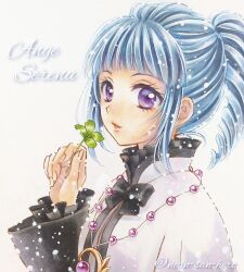 Rule 34 | 1girl, ange serena, blue hair, clover, curly hair, drill hair, four-leaf clover, herohero, high ponytail, highres, jewelry, marker (medium), open mouth, ponytail, purple eyes, sign, signature, smile, tales of (series), tales of innocence, traditional media, twitter username, white background