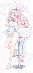 1girl absurdres alternate_costume angel_wings animal_ears blue_archive fake_animal_ears feathered_wings full_body gradient_halo halo highres leotard low_wings mika_(blue_archive) multicolored_halo pink_halo playboy_bunny solo utakapen white_leotard white_wings wing_ornament wings