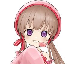 Rule 34 | 1girl, bad id, bad twitter id, beret, blush, brown hair, detached sleeves, dress, grin, hand to own mouth, hand up, hat, hat ribbon, headset, inactive account, inotukuhito, long hair, looking at viewer, low twintails, pink dress, pink hat, portrait, purple eyes, red ribbon, ribbon, simple background, sleeveless, sleeveless dress, sleeves past fingers, sleeves past wrists, smile, solo, straight-on, tsukuyomi ai, twintails, voiceroid, white background