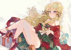 1girl absurdres blonde_hair blue_eyes bow breasts christmas fang_qiao hair_bow hair_ornament highres large_breasts long_hair looking_at_viewer open_mouth princess_connect! saren_(christmas)_(princess_connect!) saren_(princess_connect!) simple_background solo white_background