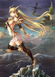 Rule 34 | 1girl, ass, bare shoulders, black footwear, black thighhighs, blonde hair, boots, breasts, choker, detached sleeves, dragon, dragon girl, fantasy, high heels, highres, horns, long hair, md5 mismatch, mountain, navel, original, pointy ears, red eyes, resolution mismatch, revealing clothes, see-through, sideboob, source larger, suspenders, thigh boots, thighhighs, underboob, very long hair, youbou
