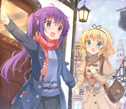 Rule 34 | 2girls, :d, absurdres, bag, black jacket, black skirt, blonde hair, blue sky, blue sweater, blush, brown capelet, brown coat, brown scarf, building, capelet, coat, commentary request, day, fringe trim, gochuumon wa usagi desu ka?, green eyes, highres, holding hands, jacket, kirima syaro, lantern, long hair, long sleeves, multiple girls, open clothes, open jacket, open mouth, outdoors, outstretched arm, pink scarf, pointing, purple eyes, purple hair, scarf, shoulder bag, skirt, sky, sleeves past wrists, smile, snowing, stick jitb, sweater, tedeza rize, tower, twintails, very long hair, window