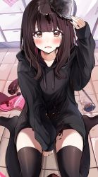 Rule 34 | 1girl, absurdres, between legs, black hoodie, black thighhighs, blunt bangs, blush, bowl, brown hair, chocolate, chocolate on clothes, chocolate on head, commentary request, crying, drawer, drawstring, from above, hand between legs, highres, hood, hood down, hoodie, kitchen, ladle, long hair, long sleeves, looking at viewer, messy, nanase kurumi (menhera-chan), no shoes, on floor, open mouth, original, puffy long sleeves, puffy sleeves, sak (lemondisk), sidelocks, sitting, solo, spill, thighhighs, towel, wariza, yellow eyes