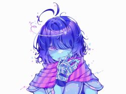 Rule 34 | 1other, armor, bandaid, bandaid on arm, blue hair, blue skin, colored skin, deltarune, fingerless gloves, g c hori, gloves, hand up, highres, kris (deltarune), looking at viewer, medium hair, nail polish, pink nails, pink scarf, purple eyes, scarf, simple background, solo, upper body, white background