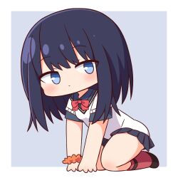 Rule 34 | 1girl, all fours, black footwear, black hair, black shirt, black skirt, blue eyes, blush, bow, breasts, chibi, closed mouth, collared shirt, commentary request, full body, grey background, gridman universe, hana kazari, highres, leaning forward, long hair, orange scrunchie, pleated skirt, red bow, red socks, scrunchie, shirt, shoes, short sleeves, skirt, small breasts, socks, solo, ssss.gridman, sweater vest, takarada rikka, two-tone background, white background, wrist scrunchie