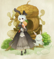 Rule 34 | 10s, 1girl, absurdres, acorn, animal ears, bad id, bad pixiv id, blue eyes, boots, buttons, carrot, dress, female focus, grass, hebino (snake nest), highres, hugging doll, hugging object, nature, outdoors, petticoat, plant, purple eyes, rabbit, rabbit ears, short hair, solo, standing, stuffed animal, stuffed rabbit, stuffed toy, themed object, trickster (ntreev soft), windmill