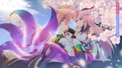 Rule 34 | 2girls, absurdres, animal ears, bare shoulders, blue sky, character name, cherry blossoms, cloud, cloudy sky, crossover, fox ears, fox tail, genshin impact, hand on another&#039;s chin, highres, honkai (series), honkai impact 3rd, japanese clothes, looking at another, meuwzza (me zwa), mihoyo, miko, multiple girls, outdoors, pink hair, pink skirt, purple eyes, sakura ayane, skirt, sky, tail, thighhighs, trait connection, voice actor connection, white legwear, white sleeves, yae miko, yae sakura, yae sakura (gyakushinn miko)