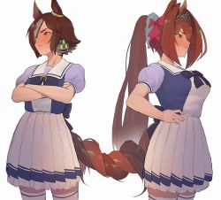 Rule 34 | 2girls, animal ears, black bow, blue shirt, blush, bow, breasts, brown eyes, brown hair, chinese commentary, closed mouth, commentary request, crossed arms, daiwa scarlet (umamusume), grey hair, hair bow, hair intakes, hair over one eye, hand on own hip, horse ears, horse girl, horse tail, intertwined tails, large breasts, long hair, looking away, multicolored hair, multiple girls, nose blush, pleated skirt, ponytail, puffy short sleeves, puffy sleeves, red bow, red eyes, shirt, short sleeves, simple background, skirt, tail, tail wrap, thighhighs, tiara, tsundere, two-tone hair, umamusume, utsuru4, very long hair, vodka (umamusume), white background, white skirt, white thighhighs