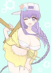 Rule 34 | 1girl, asymmetrical hair, bandeau, bare shoulders, baseball cap, bb (fate), bb (fate) (all), bb (fate/extra), bb (swimsuit mooncancer) (fate), bb (swimsuit mooncancer) (first ascension) (fate), blush, braid, breasts, cleavage, collarbone, cropped jacket, fate/grand order, fate (series), hat, hat ornament, highres, jacket, large breasts, long hair, long sleeves, looking at viewer, midriff, miniskirt, off shoulder, one eye closed, open mouth, purple eyes, purple hair, sign, single braid, skirt, smile, solo, star (symbol), star hat ornament, suzukimadaka, thighs, very long hair, white hat, yellow jacket, yellow skirt