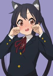 Rule 34 | 1girl, absurdres, animal ears, black hair, black jacket, blush, cat ears, clenched hand, collared shirt, commentary request, hands up, highres, jacket, k-on!, kicchi (tmgk), long hair, long sleeves, nakano azusa, neck ribbon, open mouth, partial commentary, purple background, red ribbon, ribbon, school uniform, shirt, simple background, solo, sweat, twintails, upper body, white shirt