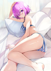 Rule 34 | 1girl, absurdres, alternate costume, ass, bare legs, bare shoulders, barefoot, bikini, blue bikini, blush, breasts, closed mouth, commentary request, couch, fate/grand order, fate (series), feet out of frame, glasses, hair over one eye, hand on own head, highres, indoors, jas (annkoromochi), legs, looking at viewer, lying, mash kyrielight, medium breasts, on couch, on side, pillow, pink-framed eyewear, purple eyes, purple hair, short hair, sideboob, solo, striped bikini, striped clothes, swimsuit, trefoil