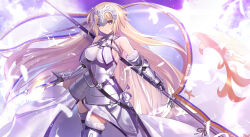Rule 34 | 1girl, armor, armored boots, armored dress, blonde hair, blue eyes, blue sky, blush, boots, breast curtains, breasts, chain, collar, dress, fate/apocrypha, fate/grand order, fate (series), faulds, feathers, flag, fur-trimmed legwear, fur trim, gauntlets, headpiece, highres, jeanne d&#039;arc (fate), jeanne d&#039;arc (ruler) (fate), large breasts, long hair, looking at viewer, metal collar, neko daruma, plackart, polearm, sky, smile, thighhighs, thighs, very long hair, weapon, white dress