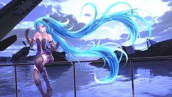 Rule 34 | 1girl, aircraft, blue hair, boots, breasts, cleavage, cloud, elbow gloves, female focus, gloves, hatsune miku, long hair, purple eyes, ruins, skirt, solo, thighhighs, twintails, vocaloid, water, yusuke
