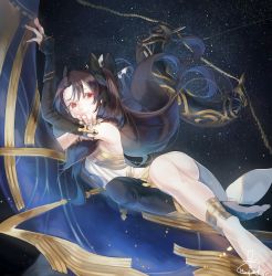 Rule 34 | 1girl, absurdres, asymmetrical clothes, black hair, black thighhighs, earrings, fate/grand order, fate (series), hair ribbon, highres, hoop earrings, ishtar (fate), jewelry, long hair, looking at viewer, mizutame tori, red eyes, ribbon, signature, single thighhigh, solo, space, thighhighs, tohsaka rin, twintails, two side up