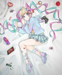 Rule 34 | 1girl, ame-chan (needy girl overdose), ameihitsuzi, apple, bed sheet, blue bow, blue hair, blue nails, bow, bracelet, can, candy, candy bar, chouzetsusaikawa tenshi-chan, controller, drill hair, drink can, energy drink, food, fruit, hair bow, heart, highres, holographic clothing, jewelry, large bow, long sleeves, looking at viewer, lying, multicolored hair, nail polish, needy girl overdose, pill, pink hair, purple bow, red bow, sidelocks, skirt, soda can, solo, star (symbol), sticker, strap, thighs, twintails, wand, white hair, yellow bow