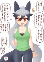 Rule 34 | 1girl, 370ml, alternate costume, animal ears, bare shoulders, black leggings, collarbone, commentary request, cowboy shot, extra ears, fang, fox ears, fox girl, fox tail, green shirt, grey hair, highres, kemono friends, leggings, long hair, looking at viewer, multicolored hair, open mouth, orange eyes, shirt, silver fox (kemono friends), sleeveless, smile, solo, tail, tank top, translation request