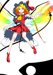 Rule 34 | 1girl, blonde hair, bow, female focus, flandre scarlet, full body, grin, hat, hat bow, kasuteru, laevatein, one side up, puffy short sleeves, puffy sleeves, red eyes, shoes, short sleeves, side ponytail, smile, solo, touhou, white background, wing collar, wings
