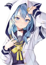 Rule 34 | 1girl, absurdres, black choker, blouse, blue eyes, blue hair, blush, bow, bowtie, buttons, choker, hair between eyes, highres, hololive, hood, hood up, hooded jacket, hoshimachi suisei, hoshimachi suisei (school uniform), jacket, long hair, long sleeves, looking at viewer, mugicho (kdks5554), open clothes, open jacket, parted lips, purple sailor collar, purple shirt, sailor collar, shirt, simple background, solo, star (symbol), star in eye, symbol in eye, upper body, virtual youtuber, white background, white jacket, yellow bow, yellow bowtie