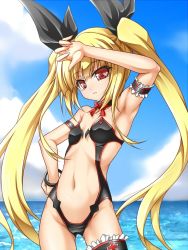 Rule 34 | 1girl, alternate costume, arc system works, arm up, armband, armpits, beach, black one-piece swimsuit, blazblue, blonde hair, bow, bowtie, bracelet, choker, cloud, collarbone, cross, day, frills, groin, hand on own hip, jewelry, bridal garter, long hair, midriff, navel, one-piece swimsuit, outdoors, rachel alucard, red cross, red eyes, ribbon, roura, sky, solo, swimsuit, twintails, v, very long hair