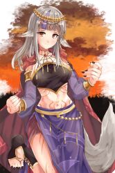 Rule 34 | 1girl, alternate costume, animal ears, black nails, breasts, cape, circlet, closed mouth, commission, dancer, detached sleeves, fingernails, fire emblem, fire emblem fates, fire emblem heroes, fuussu (21-kazin), grey hair, grey tail, leg up, long hair, medium breasts, multicolored hair, nail polish, navel, nintendo, purple hair, purple skirt, purple sleeves, red cape, red eyes, see-through, see-through sleeves, side slit, skeb commission, skirt, smile, solo, split mouth, streaked hair, tail, toenail polish, toenails, two-tone hair, velouria (fire emblem), wolf ears, wolf girl, wolf tail
