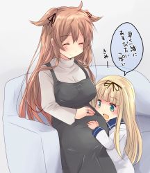 Rule 34 | 2girls, age difference, aged down, aged up, ahoge, apron, blonde hair, blush, breasts, closed mouth, couch, green eyes, grey apron, grey shirt, hair flaps, hair tie, hand on own stomach, height difference, hirune (konekonelkk), indoors, jewelry, kantai collection, large breasts, long hair, long sleeves, multiple girls, murasame (kancolle), open mouth, pregnant, ring, shirt, sitting, translation request, two side up, very long hair, wedding ring, yuudachi (kancolle)
