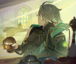 Rule 34 | 1boy, alhaitham (genshin impact), black shirt, bridal gauntlets, closed mouth, cup, genshin impact, grey hair, highres, holding, holding cup, indoors, looking to the side, male focus, shirt, short hair, sitting, solo, sunlight, table, yonaga tsuki25