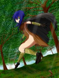Rule 34 | 1girl, bandages, blue hair, bottomless, breasts, cape, charon (mirage noir), forest, green eyes, highres, magic, mirage noir, nature, ponytail, running, sideboob, tagme, tainted, wind