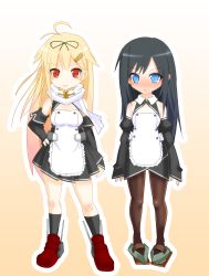 Rule 34 | &gt;:), &gt;:/, 10s, 2girls, :/, alternate costume, antenna hair, asashio (kancolle), black hair, blonde hair, blue eyes, blush, bow, c:, detached sleeves, dream c club, dream c club (series), hair bow, hair ornament, hair ribbon, hairclip, highres, kantai collection, long hair, looking at viewer, maid, multiple girls, red eyes, ribbon, scarf, smile, tun, v-shaped eyebrows, yuudachi (kancolle)