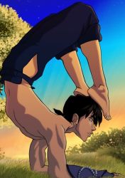Rule 34 | 1boy, barefoot, beads, blue sky, brown hair, earrings, fingerless gloves, flexible, gloves, grass, hip vent, inuyasha, jewelry, lowres, male focus, miroku, monk, muscular, outdoors, ponytail, prayer beads, topless male, sky, solo, stretching, tree