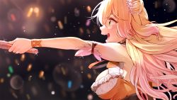 Rule 34 | 1girl, armpits, blurry, breasts, choker, concert, depth of field, from side, green eyes, hair bun, highres, hololive, large breasts, long hair, momosuzu nene, nira (vira), open mouth, outstretched arm, smile, solo, sweat, virtual youtuber