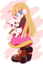 Rule 34 | &gt; &lt;, 1girl, alouette (mega man), android, blonde hair, blue eyes, blunt bangs, blush, blush stickers, brown footwear, cat, child, dress, full body, gloves, heart, holding, hug, hugging doll, hugging object, kon (kin219), long hair, looking at viewer, looking to the side, mega man (series), mega man zero (series), pink dress, robot ears, shoes, smile, standing, stuffed animal, stuffed toy