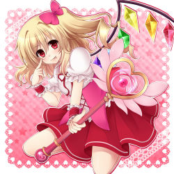 Rule 34 | 1girl, :p, blonde hair, female focus, flandre scarlet, heart, holding, magical girl, outline, red eyes, rokutelie, side ponytail, solo, star (symbol), tongue, tongue out, touhou, wand, wings, wrist cuffs