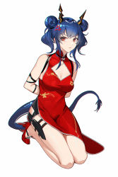 Rule 34 | 1girl, arknights, bare legs, blue hair, ch&#039;en (ageless afterglow) (arknights), ch&#039;en (arknights), china dress, chinese clothes, cleavage cutout, clothing cutout, dragon, dragon girl, dragon tail, dress, fly tutu, highres, horns, knife, official alternate costume, red eyes, short hair, side cutout, solo, tail