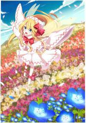 Rule 34 | 1girl, absurdres, ametama (runarunaruta5656), barefoot, blonde hair, blue eyes, blue flower, bow, bowtie, capelet, cloud, cloudy sky, commentary request, day, dress, fairy, fairy wings, field, floating hair, flower, flower field, flying, full body, grass, happy, hat, hat bow, highres, leg ribbon, lily white, long hair, long sleeves, open mouth, outdoors, outstretched arms, pink flower, pointy hat, red bow, red bowtie, red flower, red ribbon, ribbon, sky, solo, toes, touhou, very long hair, white capelet, white dress, white flower, white hat, wide sleeves, wings, yellow flower
