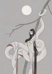 Rule 34 | 1girl, absurdly long hair, absurdres, blonde hair, branch, closed eyes, closed mouth, crossed arms, flat color, from side, full moon, grey background, grey sky, hair behind ear, hair strand, highres, holding, holding with tail, in tree, japanese clothes, kimono, lamia, long hair, long sleeves, monster girl, moon, multicolored hair, nature, night, original, prehensile tail, profile, sky, solo, straight hair, streaked hair, surie, tail, tree, very long hair, white kimono