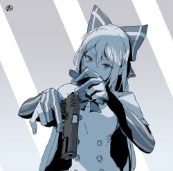 Rule 34 | 1girl, bow, circle a, commentary request, dress, girls&#039; frontline, gun, hair between eyes, hair bow, handgun, holding, holding gun, holding weapon, juliet sleeves, long hair, long sleeves, muted color, puffy sleeves, red eyes, simple background, solo, tokarev (girls&#039; frontline), tokarev tt-33, upper body, weapon, white dress
