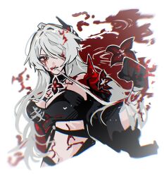 Rule 34 | 123azawarau, 1girl, acheron (honkai: star rail), bandages, black choker, black gloves, blood, blood on face, breasts, choker, cleavage, detached sleeves, flower, gloves, hair over one eye, hand up, highres, honkai: star rail, honkai (series), long hair, midriff, navel, red eyes, red flower, single bare shoulder, solo, stomach, white hair