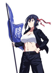 Rule 34 | 1girl, abs, belt, black hair, black jacket, black pants, breasts, cleavage, commentary request, flag, groin, hair between eyes, hand on own hip, highres, hitomi-chan wa hitomishiri, jacket, large breasts, long hair, natsumi chorisuke, navel, open clothes, pants, purple eyes, sarashi, solo, takano hitomi, white background