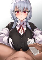 Rule 34 | 1boy, 1girl, absurdres, black sweater, blush, breasts, breasts squeezed together, censored, closed mouth, clothed female nude male, collared shirt, dark-skinned male, dark skin, gloves, grey hair, hair ornament, hakase fuyuki, hakase fuyuki (1st costume), hetero, highres, large breasts, long hair, looking at viewer, lotion bottle, low twintails, lube, mosaic censoring, neck ribbon, nijisanji, noumu (pixiv), nude, paizuri, paizuri under clothes, penis, pov, pov crotch, red eyes, red ribbon, ribbon, shirt, smile, sweater, twintails, virtual youtuber, white gloves