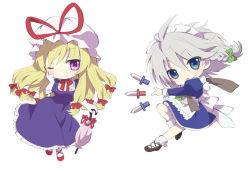 Rule 34 | 2girls, ;), apron, black footwear, blonde hair, blue eyes, blush, bow, bowtie, braid, breasts, chibi, closed mouth, dress, frilled dress, frills, full body, gloves, green bow, hair between eyes, hair bow, hairband, hand on own cheek, hand on own face, hat, hat ribbon, izayoi sakuya, juliet sleeves, knife, kona (canaria), long hair, long sleeves, looking at viewer, low-tied long hair, maid, medium breasts, mob cap, multiple girls, one eye closed, open mouth, parasol, puffy sleeves, purple dress, purple eyes, red bow, red bowtie, red footwear, red ribbon, ribbon, shoes, short sleeves, side braid, silver hair, simple background, single braid, smile, socks, standing, standing on one leg, touhou, umbrella, waist apron, white apron, white background, white gloves, white hat, white legwear, yakumo yukari