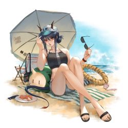 Rule 34 | 1girl, aak (arknights), absurdres, arknights, bare arms, bare legs, bare shoulders, baseball cap, beach, beach chair, beach towel, beach umbrella, bikini, black bikini, blue hair, blue sky, ch&#039;en (arknights), ch'en (arknights), chelr, crossed legs, day, dragon horns, dragon tail, female tourist c (arknights), food, grey shorts, hair between eyes, hands up, hat, highres, holding, holding removed eyewear, horns, horns through headwear, hoshiguma (arknights), hung (arknights), lin (arknights), long hair, nail polish, official alternate costume, outdoors, parted lips, plate, red eyes, sandals, short shorts, shorts, sidelocks, sitting, sky, solo, stomach, sunglasses, swimsuit, tail, thighs, toenail polish, toenails, towel, umbrella, unworn eyewear, white hat