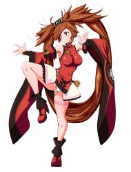 Rule 34 | 1girl, absurdres, bare shoulders, boots, breasts, brown eyes, brown hair, china dress, chinese clothes, closed mouth, commentary request, covered erect nipples, covered navel, dress, fighting stance, frills, guilty gear, guilty gear xrd, hair ornament, hairclip, highres, jam, kuradoberi jam, leg up, long hair, medium breasts, musaki (msaki666), panties, pantyshot, red footwear, shiny skin, simple background, skirt, sleeveless, smile, solo, standing, standing on one leg, thigh strap, underwear, very long hair, white background, white panties, wide sleeves