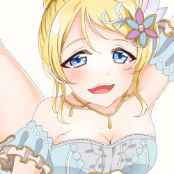 Rule 34 | 1girl, aqua dress, aqua skirt, artist request, ayase eli, bare shoulders, blonde hair, blue eyes, blush, breasts, cleavage, collarbone, dress, female focus, flower, hair between eyes, hair flower, hair ornament, highres, jewelry, long hair, looking at viewer, love live!, love live! school idol festival, love live! school idol festival all stars, love live! school idol project, medium breasts, necklace, necktie, noa (aneko-san), noanekosan, parted lips, pearl necklace, ponytail, puffy short sleeves, puffy sleeves, short sleeves, skirt, smile, solo