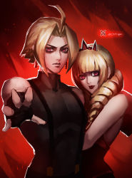 Rule 34 | 1boy, 1girl, adelheid bernstein, black gloves, blonde hair, brother and sister, corset, crown, dress, drill hair, earrings, fingerless gloves, gloves, highres, jewelry, long hair, mini crown, red eyes, ribbon, rose bernstein, siblings, snk, the king of fighters, twin drills, twintails, xiaoguimist