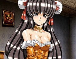 Rule 34 | 1girl, alternate hair length, alternate hairstyle, bare shoulders, black hair, breasts, brown eyes, bun cover, ceiling, choker, cleavage, collarbone, detached sleeves, double bun, drawing (object), dress, eliza (growlanser), eliza mayfield, frills, game cg, growlanser, growlanser iv, hair bun, indoors, jewelry, large breasts, long hair, looking at viewer, lowres, neck ring, orange dress, pendant, ribbon, shiny clothes, shiny skin, sidelocks, smile, solo, strapless, strapless dress, upper body, urushihara satoshi, very long hair