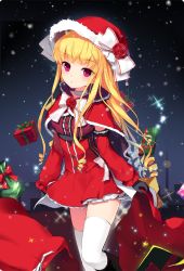 Rule 34 | 1girl, black gloves, blonde hair, blush, capelet, cinia pacifica, gift, gloves, hat, holding, long hair, looking at viewer, mechuragi, parted lips, purple eyes, ringlets, sack, santa costume, santa hat, solo, standing, sword girls, thighhighs, thighs, white thighhighs
